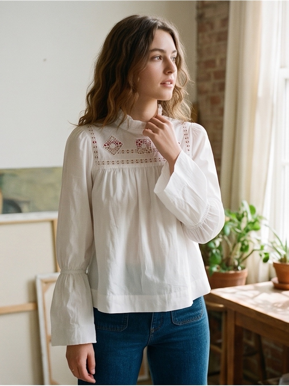 Free People White Peasant Blouse with Subtle Embroidery